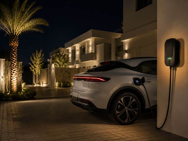 Electric car charging overnight at a UAE villa driveway